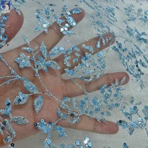 YX1610 Light Blue Floral Vine Sequin Lace Fabric Glitter Embroidered Mesh for Bridal Gown Evening Dress