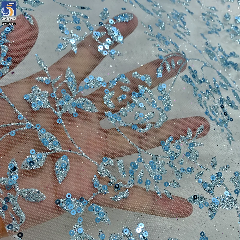 YX1610 Light Blue Floral Vine Sequin Lace Fabric Glitter Embroidered Mesh for Bridal Gown Evening Dress