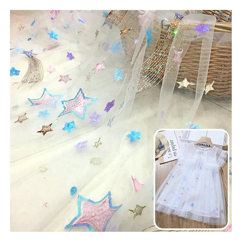 Colorful Five Star Sequin Embroidery Tulle Fabric Sparkly Diy Children's Clothing Embroidery Lace Fabric Baby Fabric