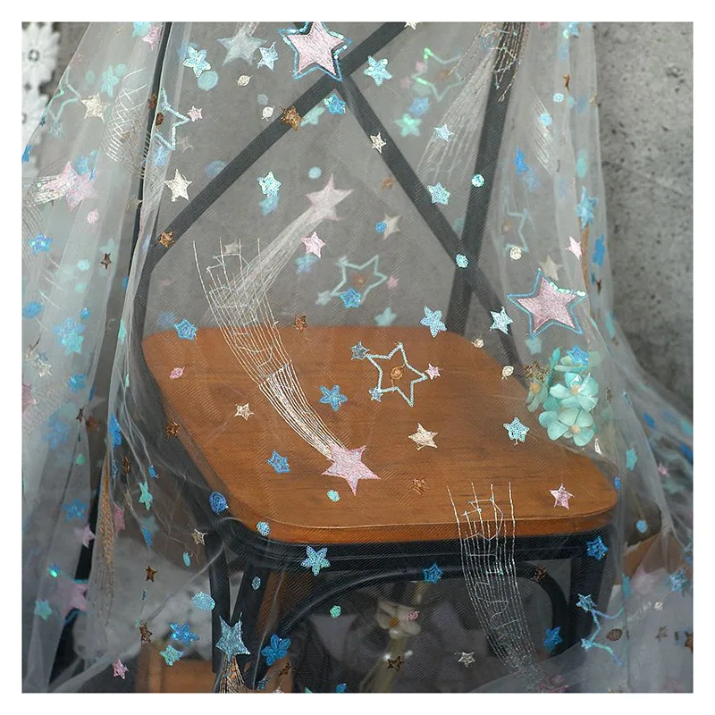 Colorful Five Star Sequin Embroidery Tulle Fabric Sparkly Diy Children's Clothing Embroidery Lace Fabric Baby Fabric