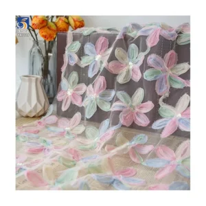 YX717 2025 Latest 3D Flowers Embroidery Fabric With Sequins Mesh Gradient Color Knitted Tricot Tulle Fabric for Skirts