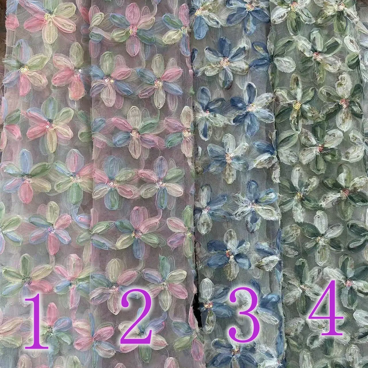 YX717 2025 Latest 3D Flowers Embroidery Fabric With Sequins Mesh Gradient Color Knitted Tricot Tulle Fabric for Skirts