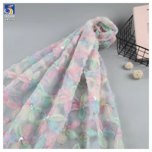 YX717 2025 Latest 3D Flowers Embroidery Fabric With Sequins Mesh Gradient Color Knitted Tricot Tulle Fabric for Skirts