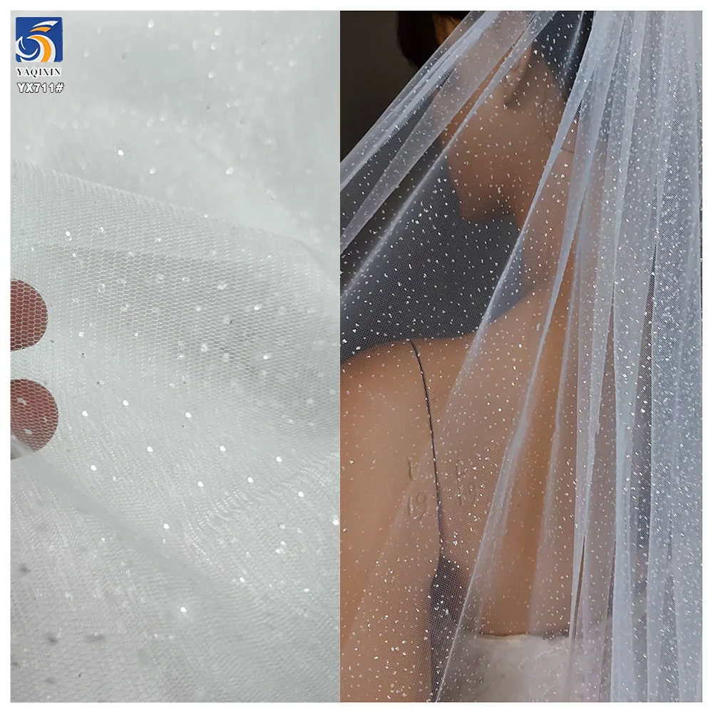 YX711 Pure White 40gsm Polyester Knitted Bridal Tulle Fabric Clear Sequins Glitter Mesh Fabric Soft Sparkle Glitter Effect