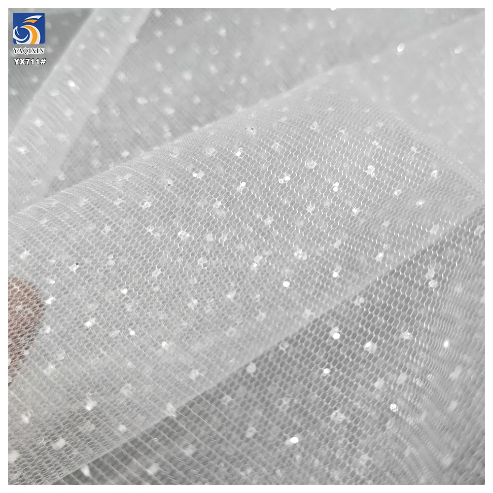 YX711 Pure White 40gsm Polyester Knitted Bridal Tulle Fabric Clear Sequins Glitter Mesh Fabric Soft Sparkle Glitter Effect