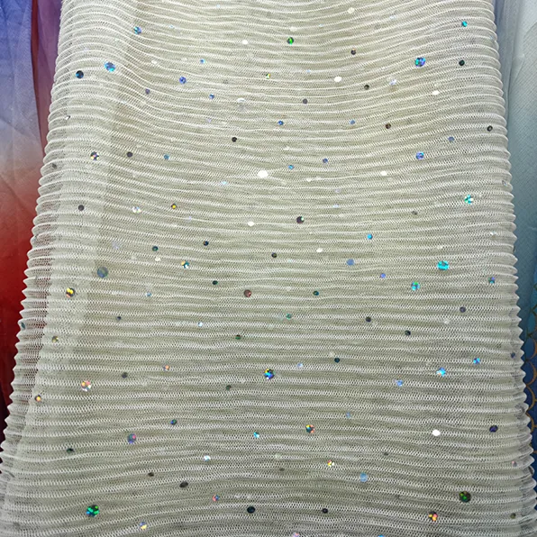 YX650 2025 Fashion Dance Skirt Fluffy Stretch Tulle Mesh Striped Pleated Fabric With Holographic Sparkle Sequins