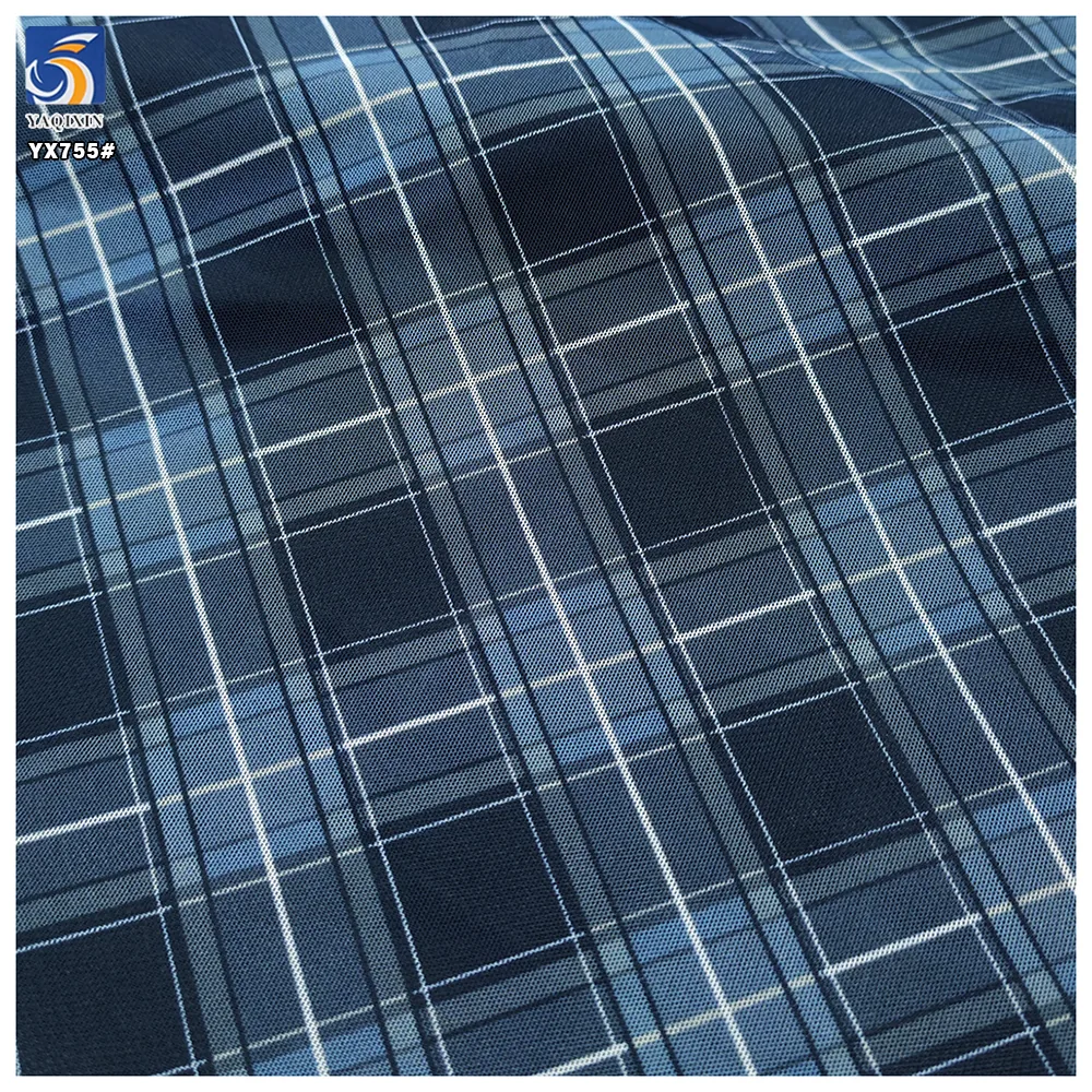 YX755 Casual Skirt Dark Blue Gradient Digital Printed Plaid Tulle Fabric 100% Polyester Soft Checked Tulle Mesh Fabric