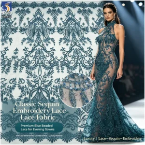YX1612 Ornamental Teal Blue Sequin Lace Fabric with Intricate Floral Embroidery for Bridal and Formal Dresses