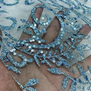 YX1612 Ornamental Teal Blue Sequin Lace Fabric with Intricate Floral Embroidery for Bridal and Formal Dresses