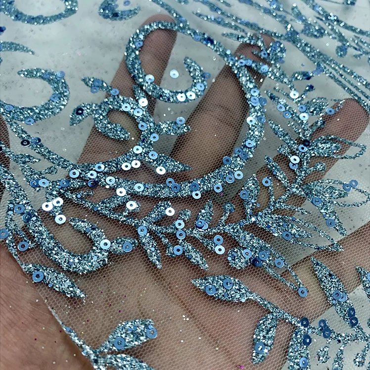 YX1612 Ornamental Teal Blue Sequin Lace Fabric with Intricate Floral Embroidery for Bridal and Formal Dresses