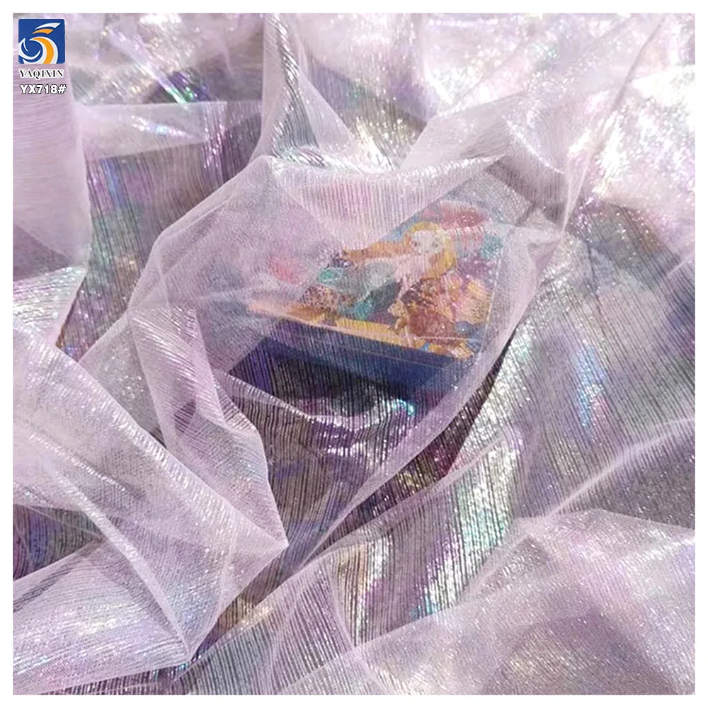 YX718 Lightweight 30gsm Breathable Mesh Dress Tulle Fabric Colorful Holographic Film Tulle Fabric Shiny Knitted Fabric