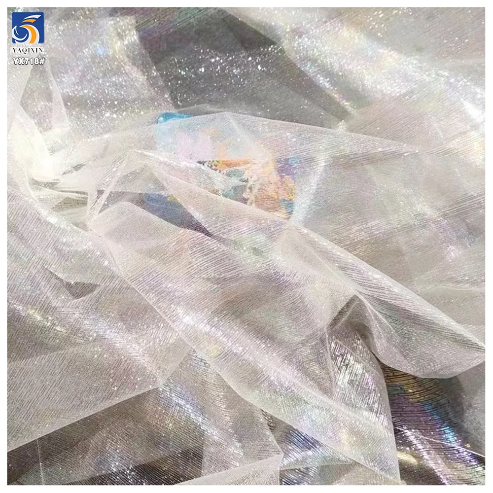 YX718 Lightweight 30gsm Breathable Mesh Dress Tulle Fabric Colorful Holographic Film Tulle Fabric Shiny Knitted Fabric