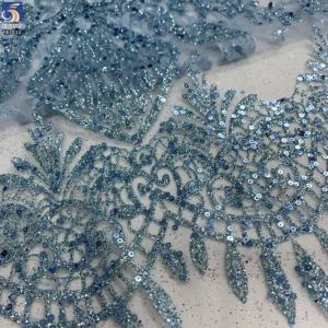 YX1612 Ornamental Teal Blue Sequin Lace Fabric with Intricate Floral Embroidery for Bridal and Formal Dresses