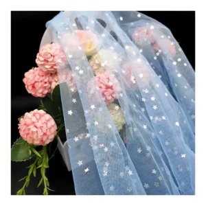 KT14 Sky Blue Soft Polyester Mesh Fabric Tulle with Silver Star Printing Tulle Netting Fabric for Girl's Dress