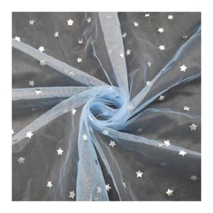 KT14 Sky Blue Soft Polyester Mesh Fabric Tulle with Silver Star Printing Tulle Netting Fabric for Girl's Dress
