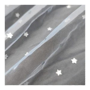 KT14 Sky Blue Soft Polyester Mesh Fabric Tulle with Silver Star Printing Tulle Netting Fabric for Girl's Dress