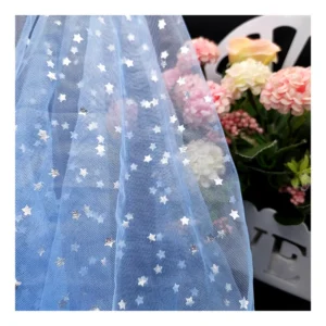 KT14 Sky Blue Soft Polyester Mesh Fabric Tulle with Silver Star Printing Tulle Netting Fabric for Girl's Dress
