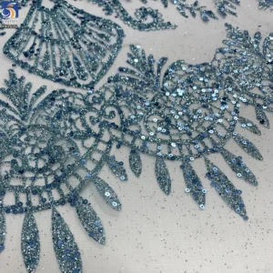 YX1612 Ornamental Teal Blue Sequin Lace Fabric with Intricate Floral Embroidery for Bridal and Formal Dresses