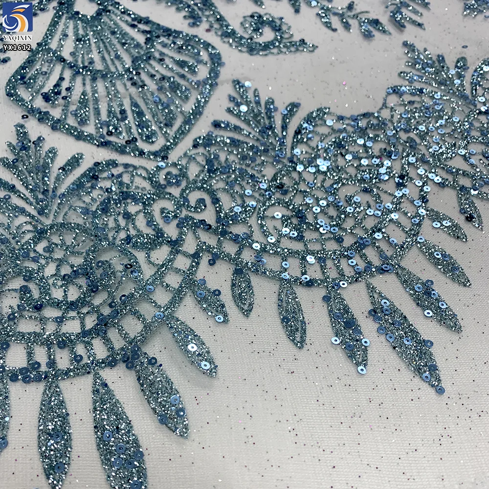 YX1612 Ornamental Teal Blue Sequin Lace Fabric with Intricate Floral Embroidery for Bridal and Formal Dresses