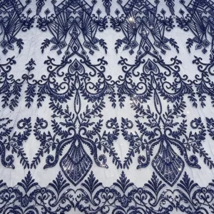 YX1612 Ornamental Teal Blue Sequin Lace Fabric with Intricate Floral Embroidery for Bridal and Formal Dresses