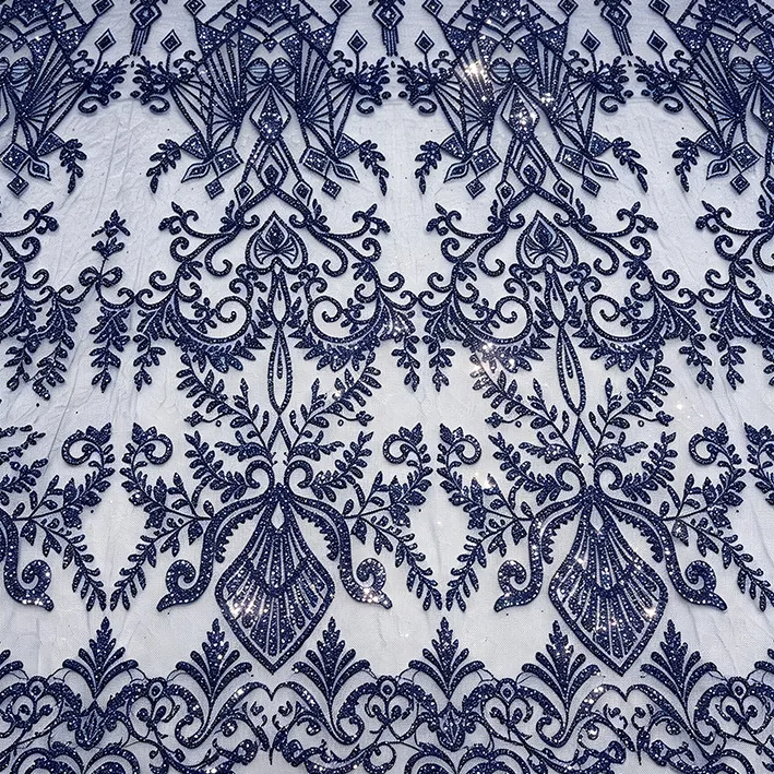 YX1612 Ornamental Teal Blue Sequin Lace Fabric with Intricate Floral Embroidery for Bridal and Formal Dresses