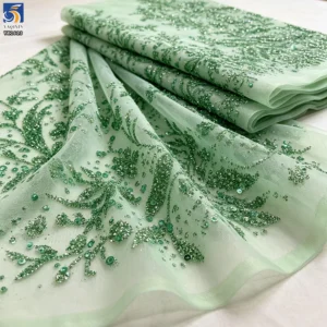 YX1613 Wholesale Leaf Vine Embroidered Lace Fabric With Glitter Sequins for Bridal Gowns and Evening Dresses Making