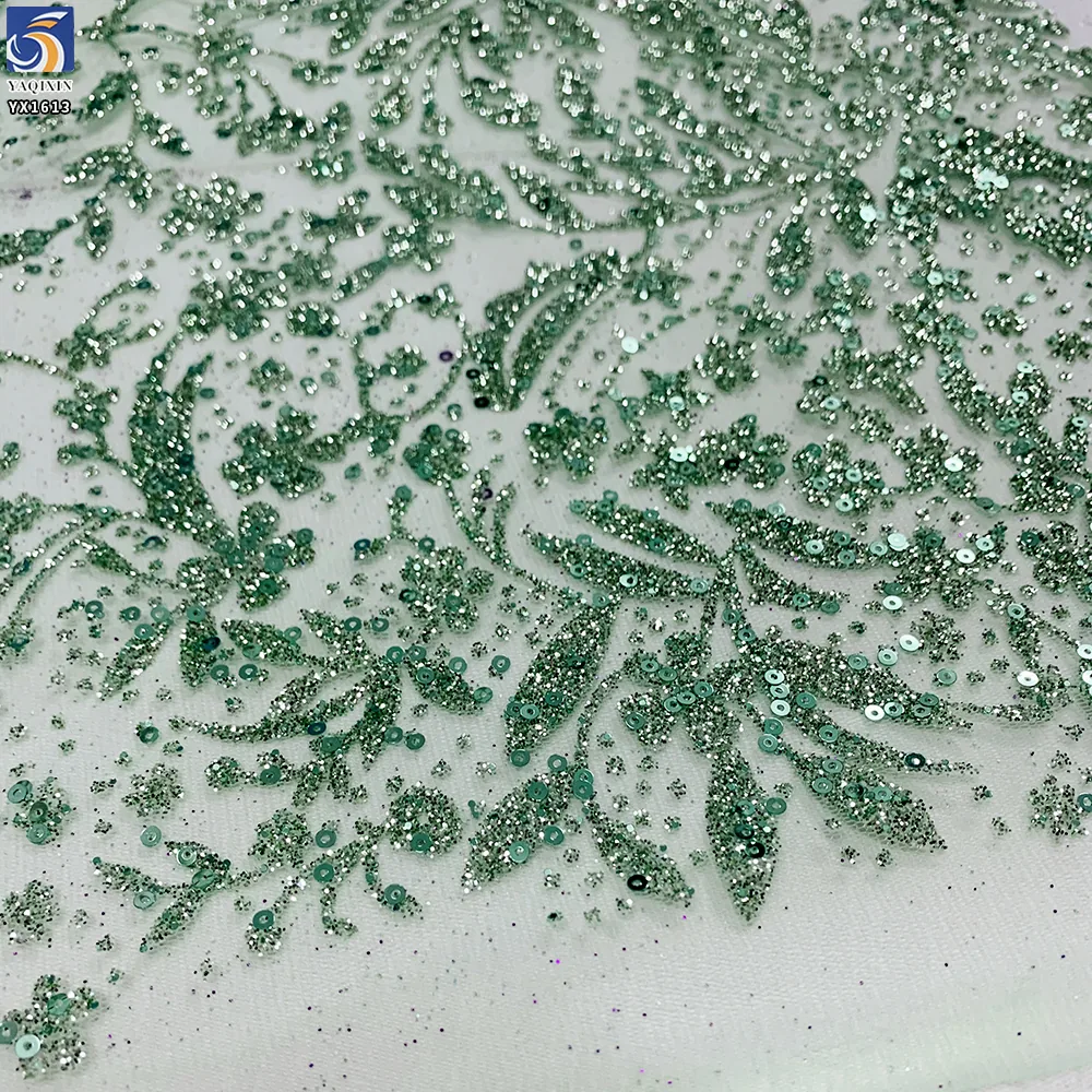 YX1613 Wholesale Leaf Vine Embroidered Lace Fabric With Glitter Sequins for Bridal Gowns and Evening Dresses Making