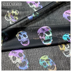 YX2259 Halloween Style Horror Skull Bone Pattern Colored Foil Printed Fabric Flash Glitter Tulle Mesh Knitted Polyester Fabric