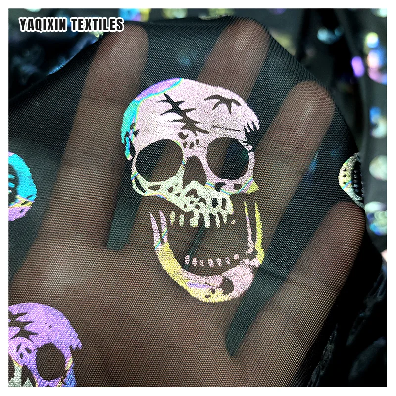 YX2259 Halloween Style Horror Skull Bone Pattern Colored Foil Printed Fabric Flash Glitter Tulle Mesh Knitted Polyester Fabric
