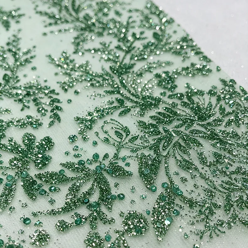 YX1613 Wholesale Leaf Vine Embroidered Lace Fabric With Glitter Sequins for Bridal Gowns and Evening Dresses Making