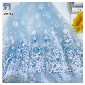 YX328 Custom Glitter Princess Dress Snowflake Tulle Fabric Polyester Snowflake Blue and White Christmas Mesh Fabric
