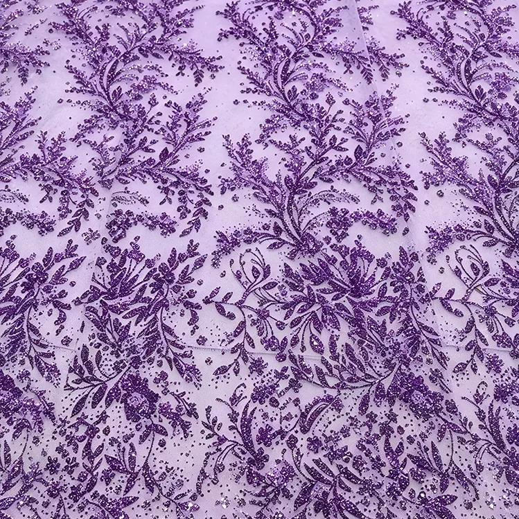 YX1613 Wholesale Leaf Vine Embroidered Lace Fabric With Glitter Sequins for Bridal Gowns and Evening Dresses Making