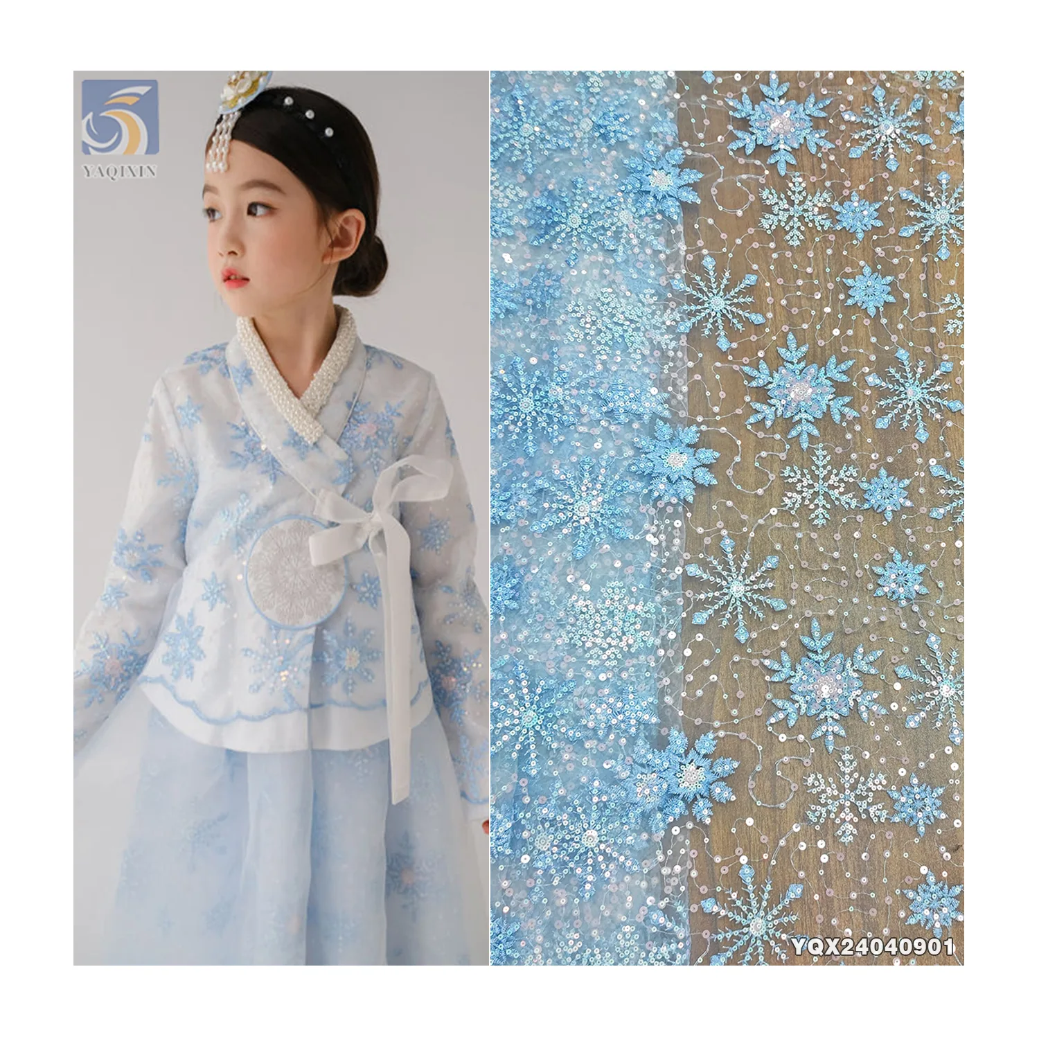 New Arrival Shiny Snowflake Design Sequin Embroidered Organza Fabric for Girls Skirts