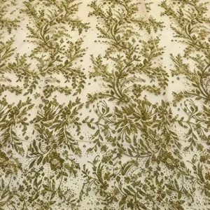 YX1613 Wholesale Leaf Vine Embroidered Lace Fabric With Glitter Sequins for Bridal Gowns and Evening Dresses Making