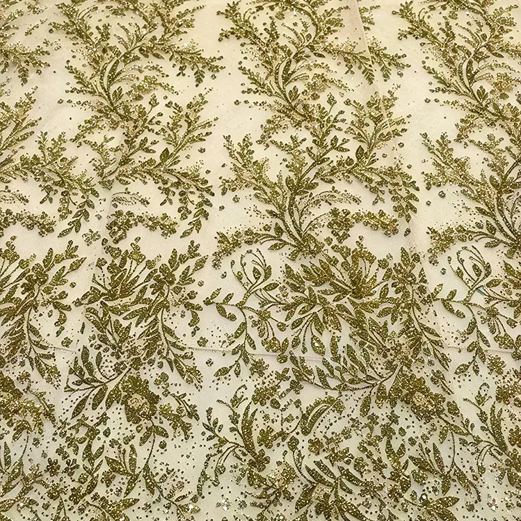 YX1613 Wholesale Leaf Vine Embroidered Lace Fabric With Glitter Sequins for Bridal Gowns and Evening Dresses Making