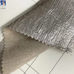 YX1587 Crinkle Chiffon Fabric Silver Metallic Foil Finish Textured Stretch Material for Women Dresses and Tops
