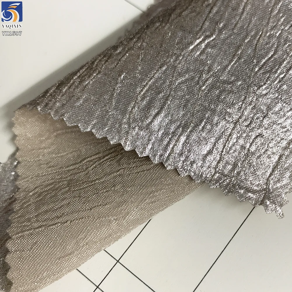 YX1587 Crinkle Chiffon Fabric Silver Metallic Foil Finish Textured Stretch Material for Women Dresses and Tops