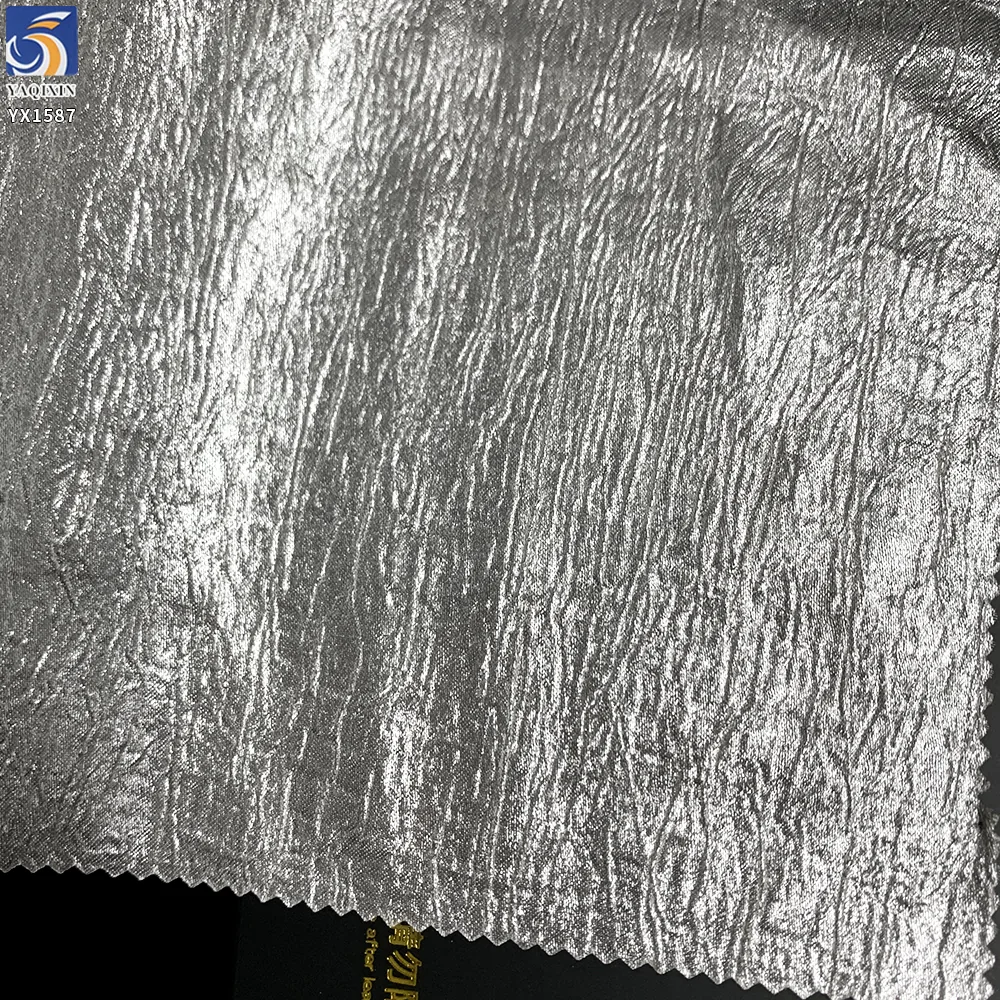 YX1587 Crinkle Chiffon Fabric Silver Metallic Foil Finish Textured Stretch Material for Women Dresses and Tops