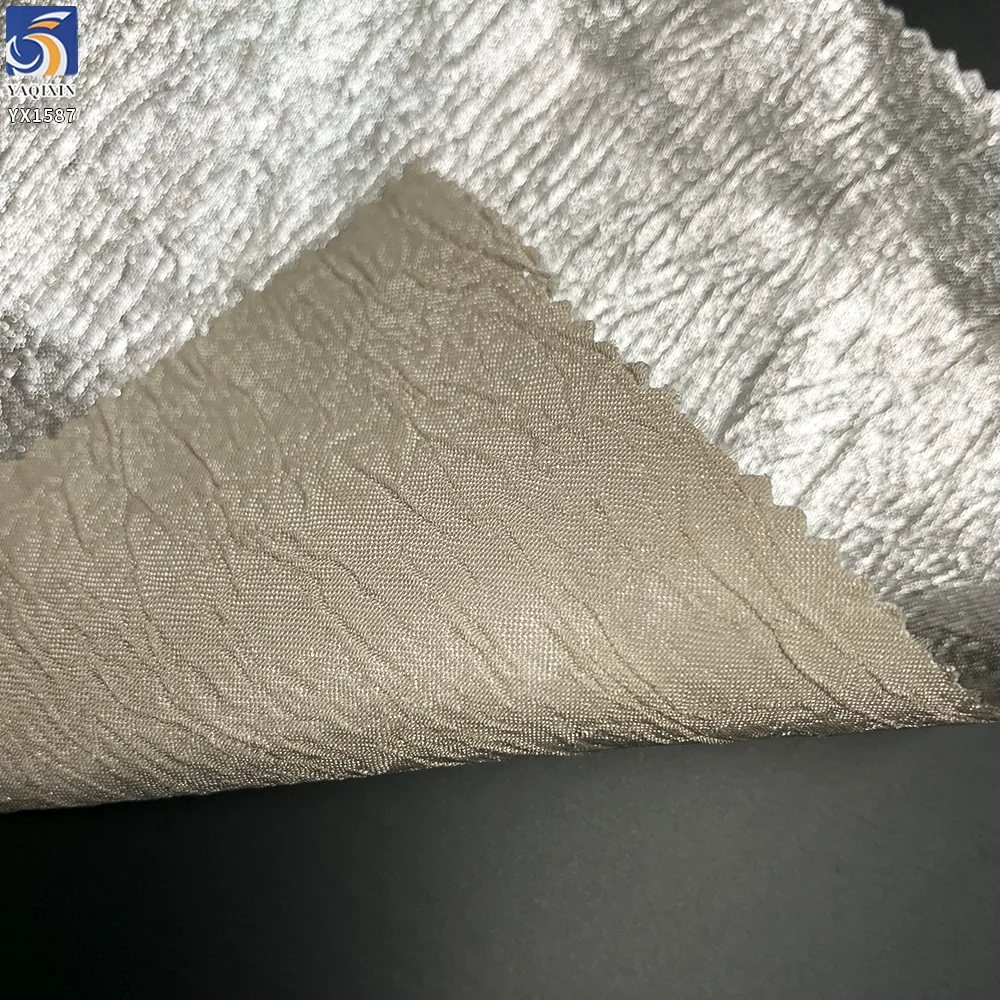 YX1587 Crinkle Chiffon Fabric Silver Metallic Foil Finish Textured Stretch Material for Women Dresses and Tops