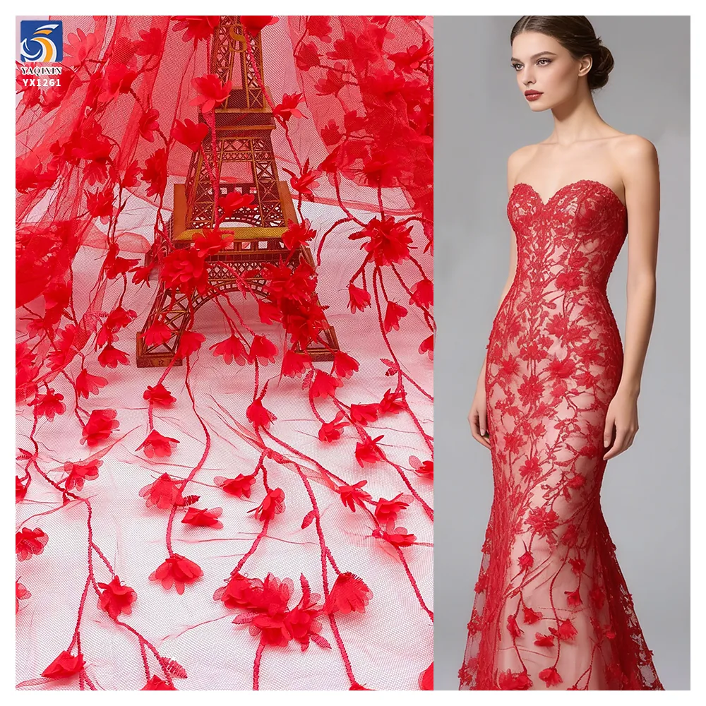 YX1261 Factory Wholesale 200gsm Red 3D Small Florals Embroidery Mesh Fabric 3D Floral Laser Embroidery French Tulle Fabric