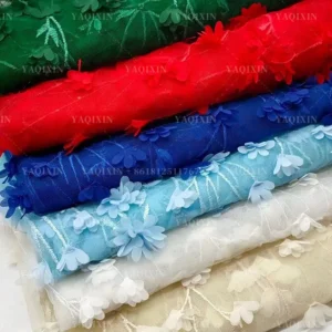 YX1261 Factory Wholesale 200gsm Red 3D Small Florals Embroidery Mesh Fabric 3D Floral Laser Embroidery French Tulle Fabric