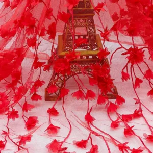 YX1261 Factory Wholesale 200gsm Red 3D Small Florals Embroidery Mesh Fabric 3D Floral Laser Embroidery French Tulle Fabric