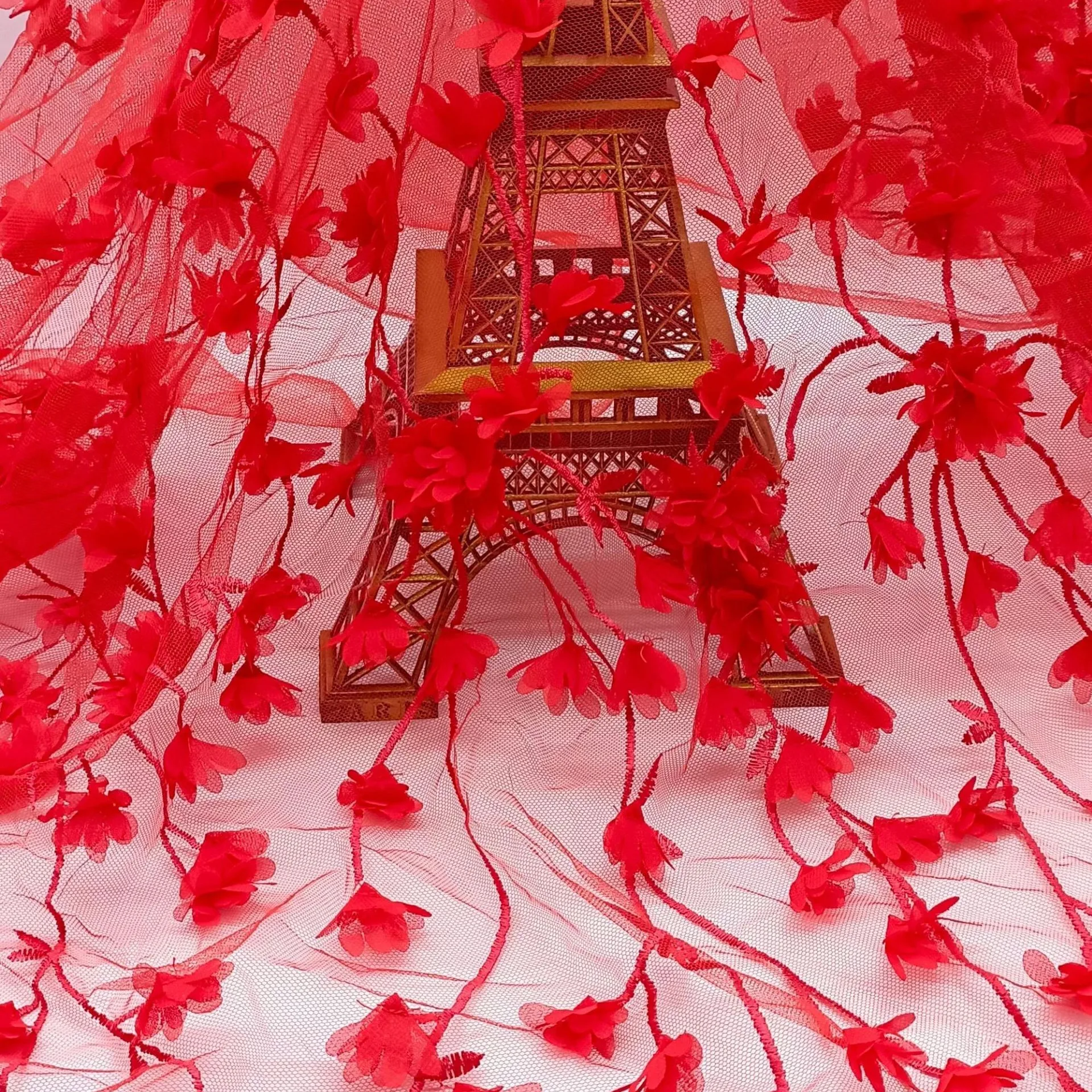 YX1261 Factory Wholesale 200gsm Red 3D Small Florals Embroidery Mesh Fabric 3D Floral Laser Embroidery French Tulle Fabric