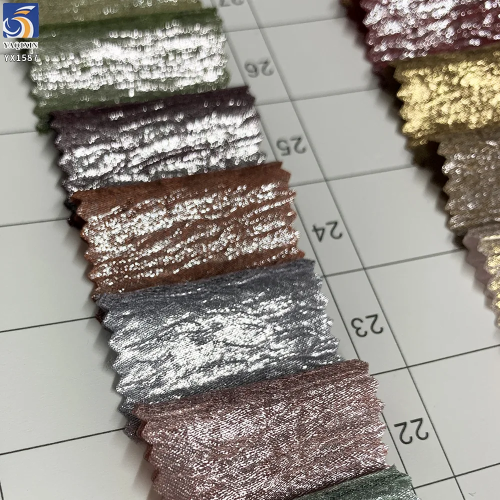 YX1587 Crinkle Chiffon Fabric Silver Metallic Foil Finish Textured Stretch Material for Women Dresses and Tops