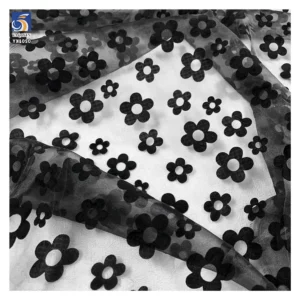 New Arrivals Flocking Black Floral Fabric Sheer Organza Fabric for Making Kids Dress