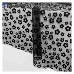 New Arrivals Flocking Black Floral Fabric Sheer Organza Fabric for Making Kids Dress