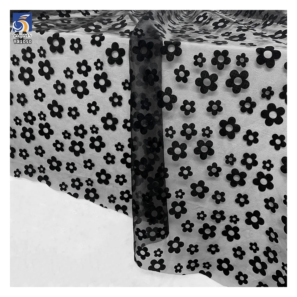 New Arrivals Flocking Black Floral Fabric Sheer Organza Fabric for Making Kids Dress