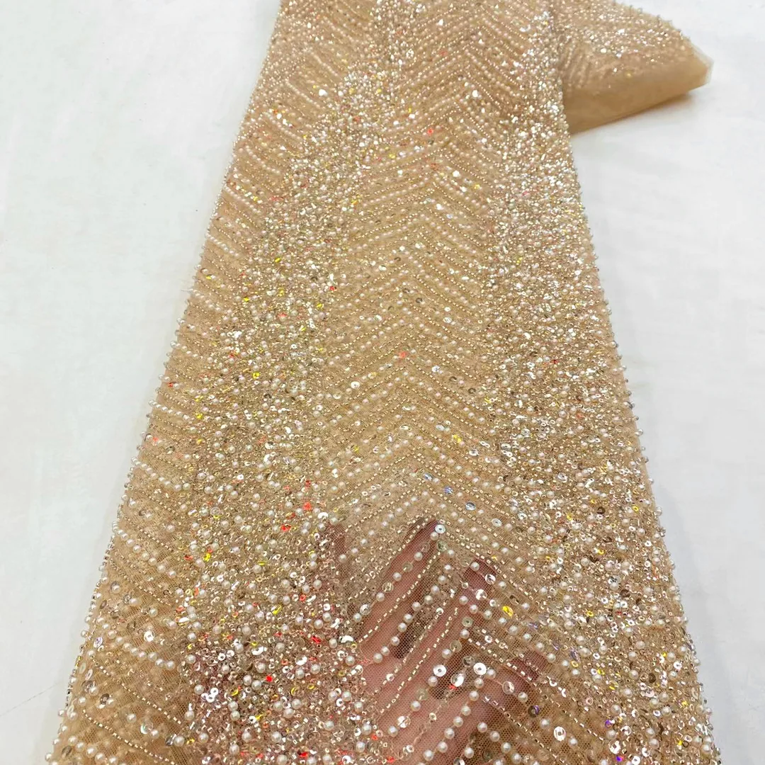 YX679 Luxury Pearl Embroidered Beaded Lace Evening Dresses Heavy Embroidery Sequin Bridal Lace Fabrics With Beads