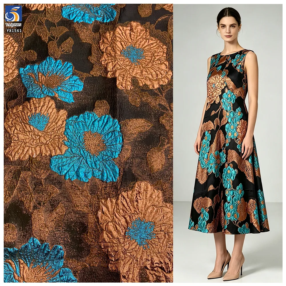 YX1561 Wholesale 150gsm Metallic Floral Brocade Fabric Raised Jacquard Material for Evening Dresses and Women's Gowns