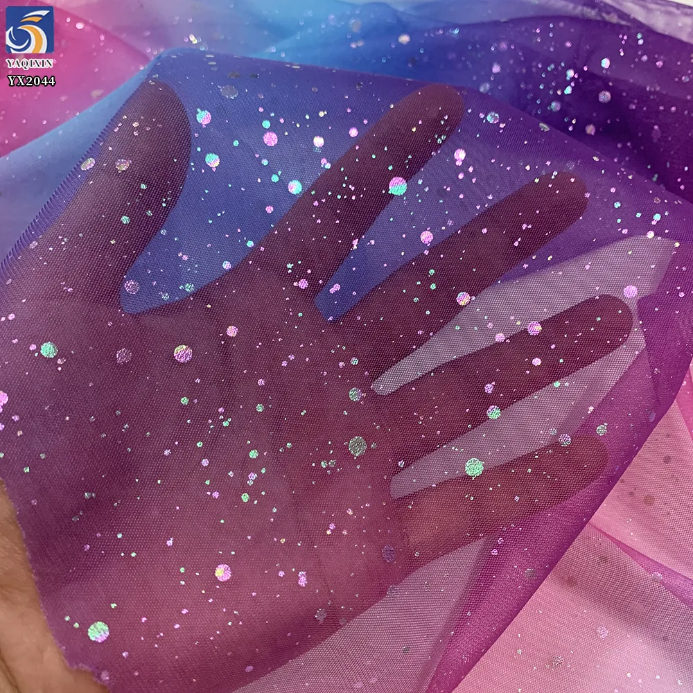 YX2044 2025 Hot Dirty Pink Purple Tulle Fabric Rainbow Gradient Ombre Tulle Fabric With Silver Glitter